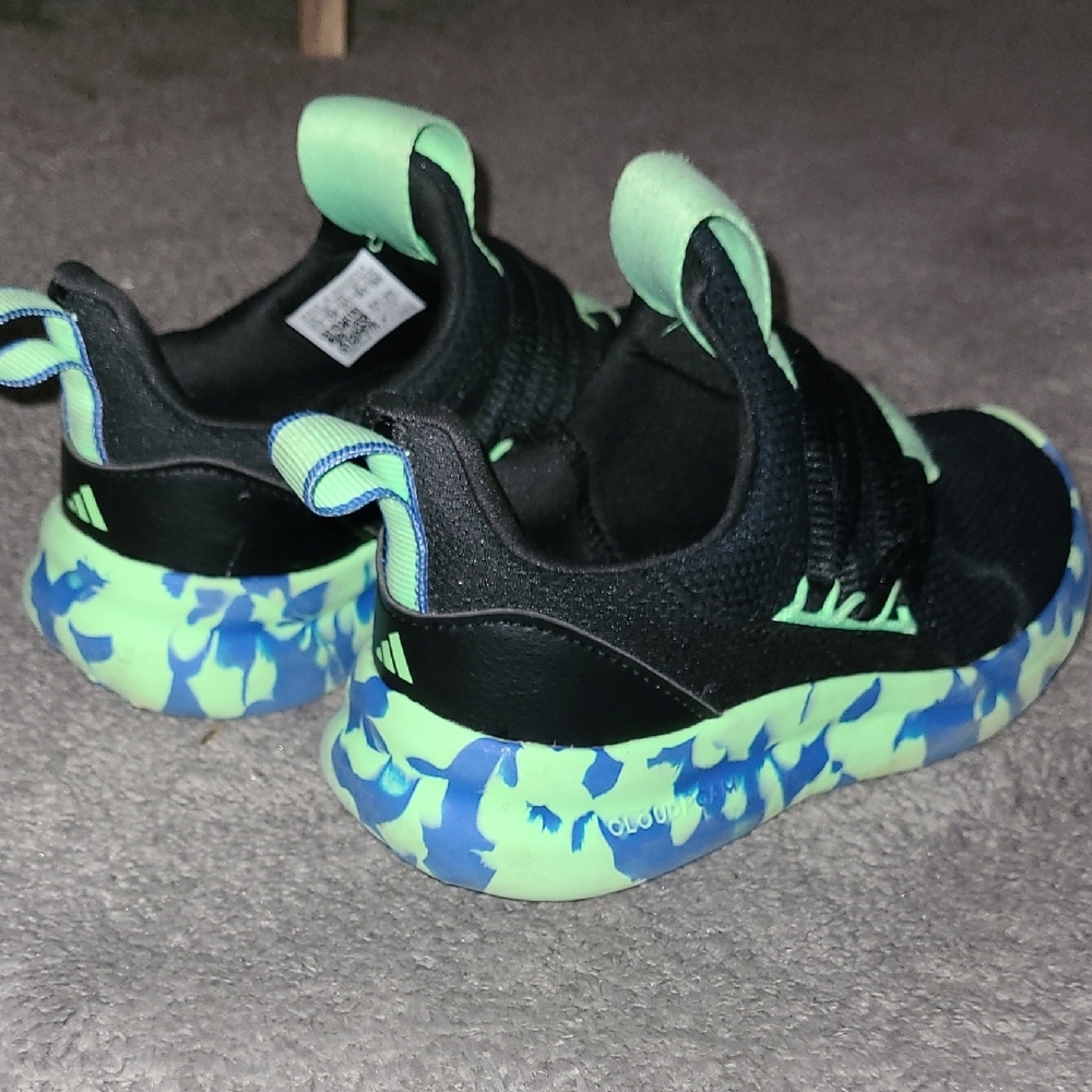 Adidas Kids Black Sneakers with Neon Green & Blue Accents - Picture 2 of 7